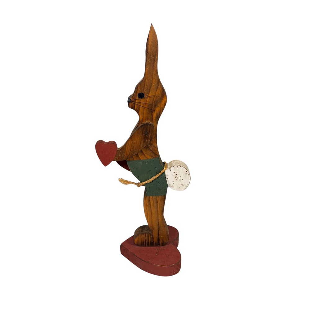 Vintage Folk Art Wooden Bunny Rabbit with Hearts Figurine 12.5" Primitive - Picture 4 of 13